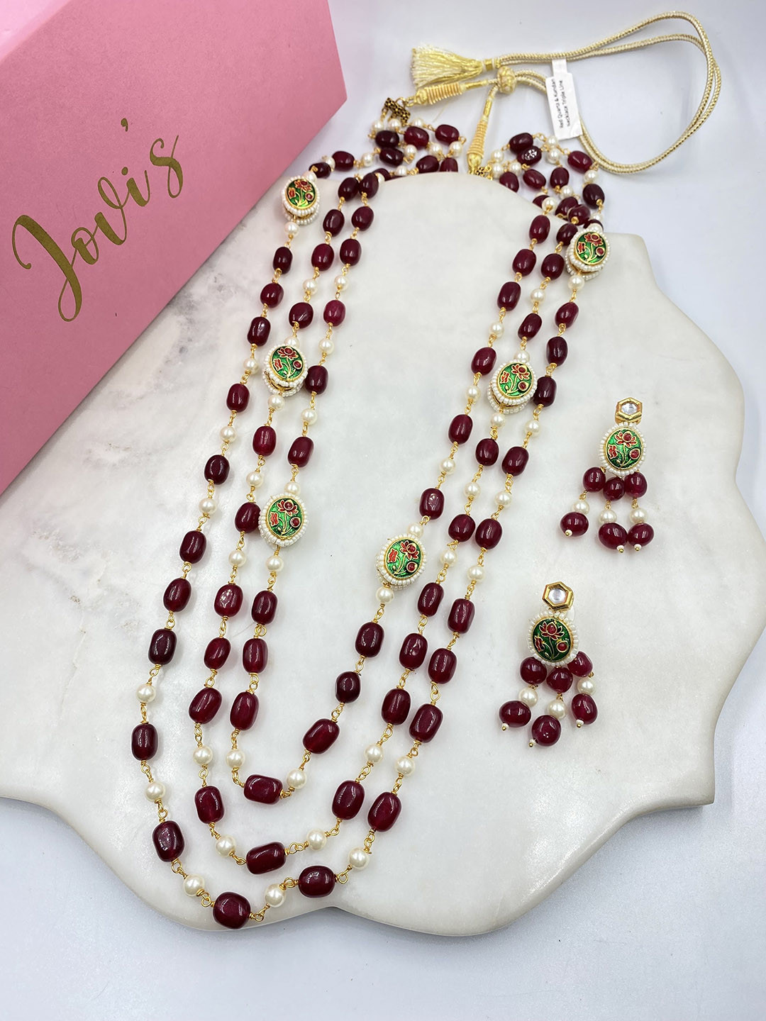 

JOVI'S JEWELS Quartz Kundan-Studded & Pearls Beaded Layered Jewellery Set, Gold