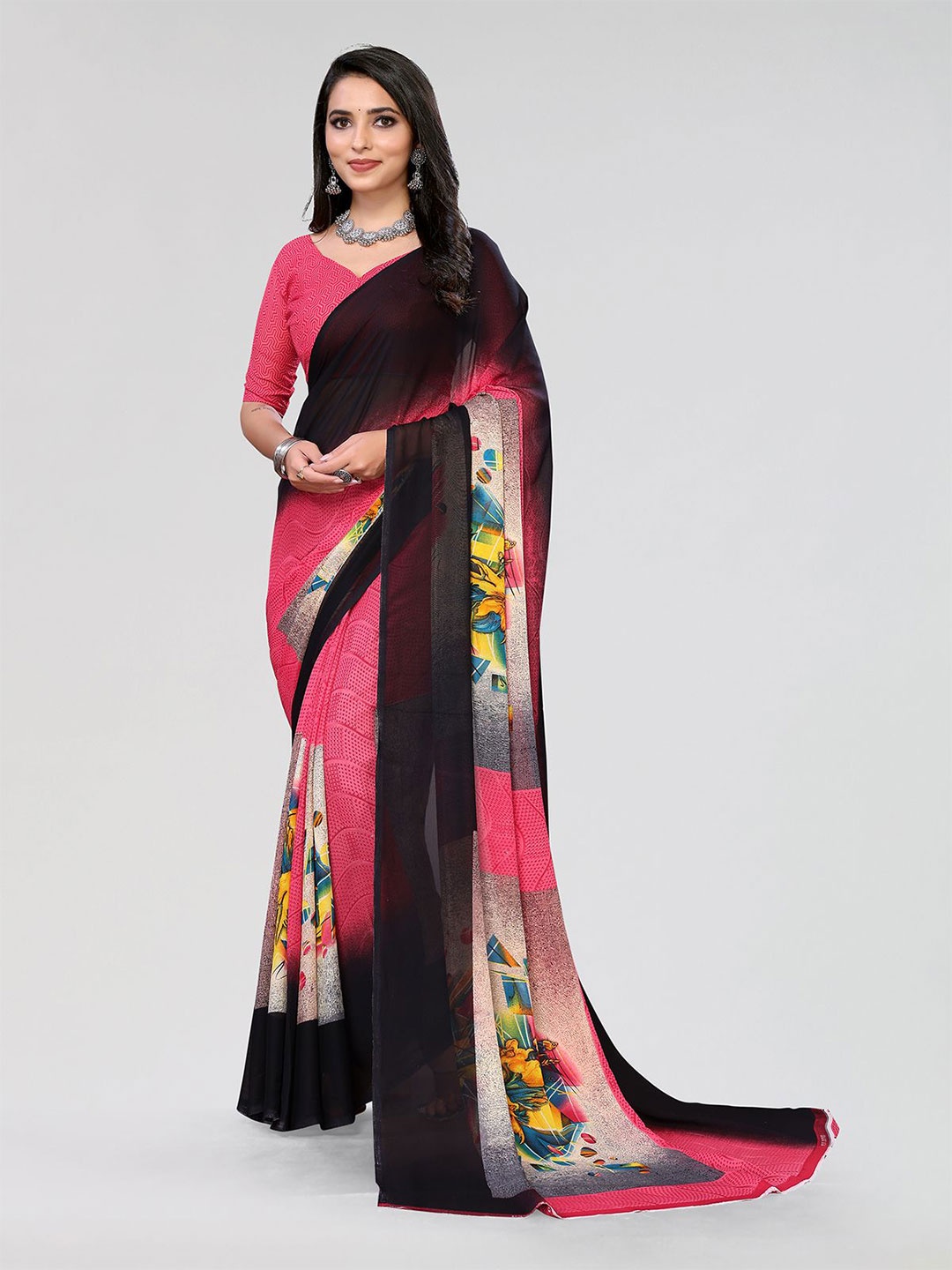 

Moda Rapido Printed Saree With Unstiched Blouse Piece, Pink