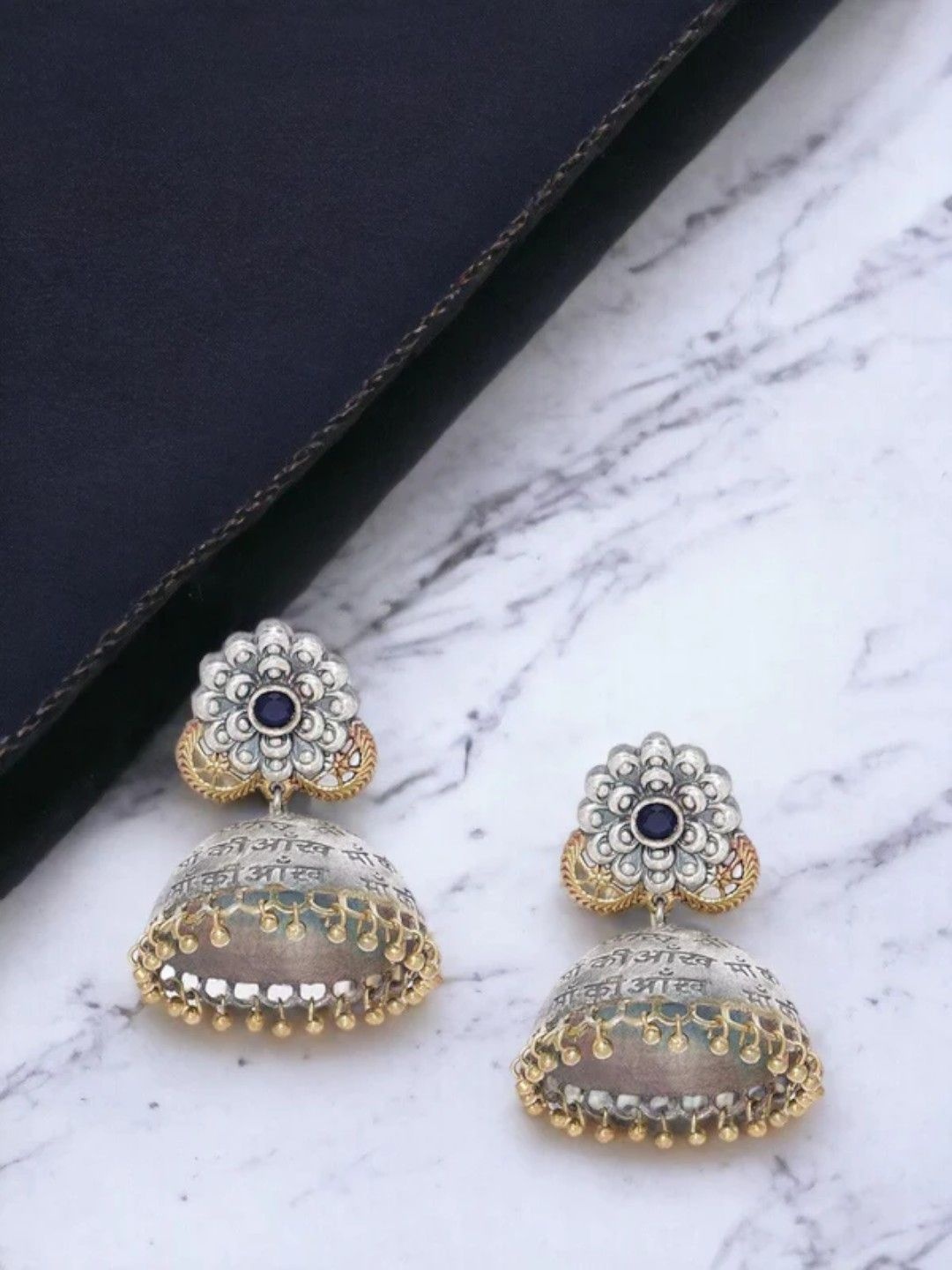 

Sangria Silver-Plated Artificial Stones Studded And Beaded Dome Shaped Oxidised Jhumkas