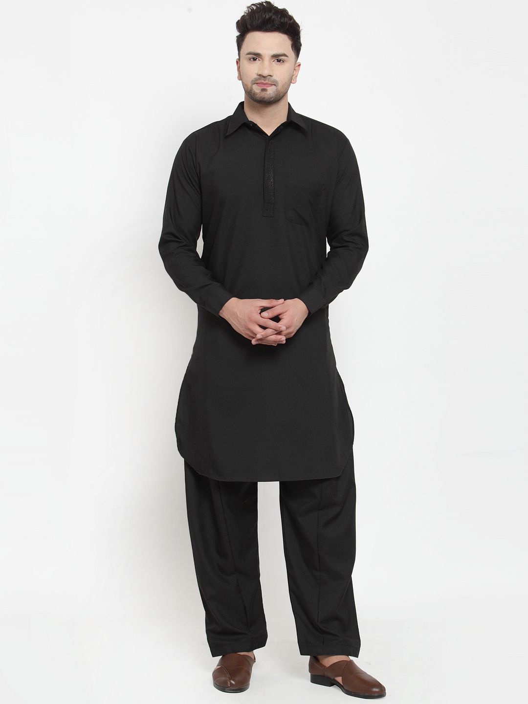 

Kaifoo Shirt Collar Thread Work Pleated Cotton Linen Pathani Kurta with Salwar, Black