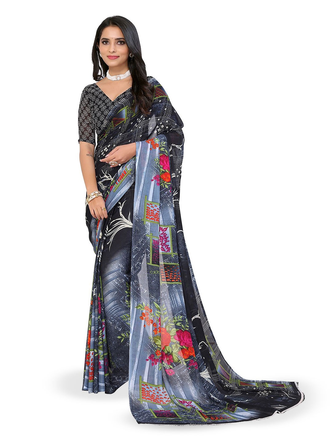 

Moda Rapido Floral Printed Saree, Black