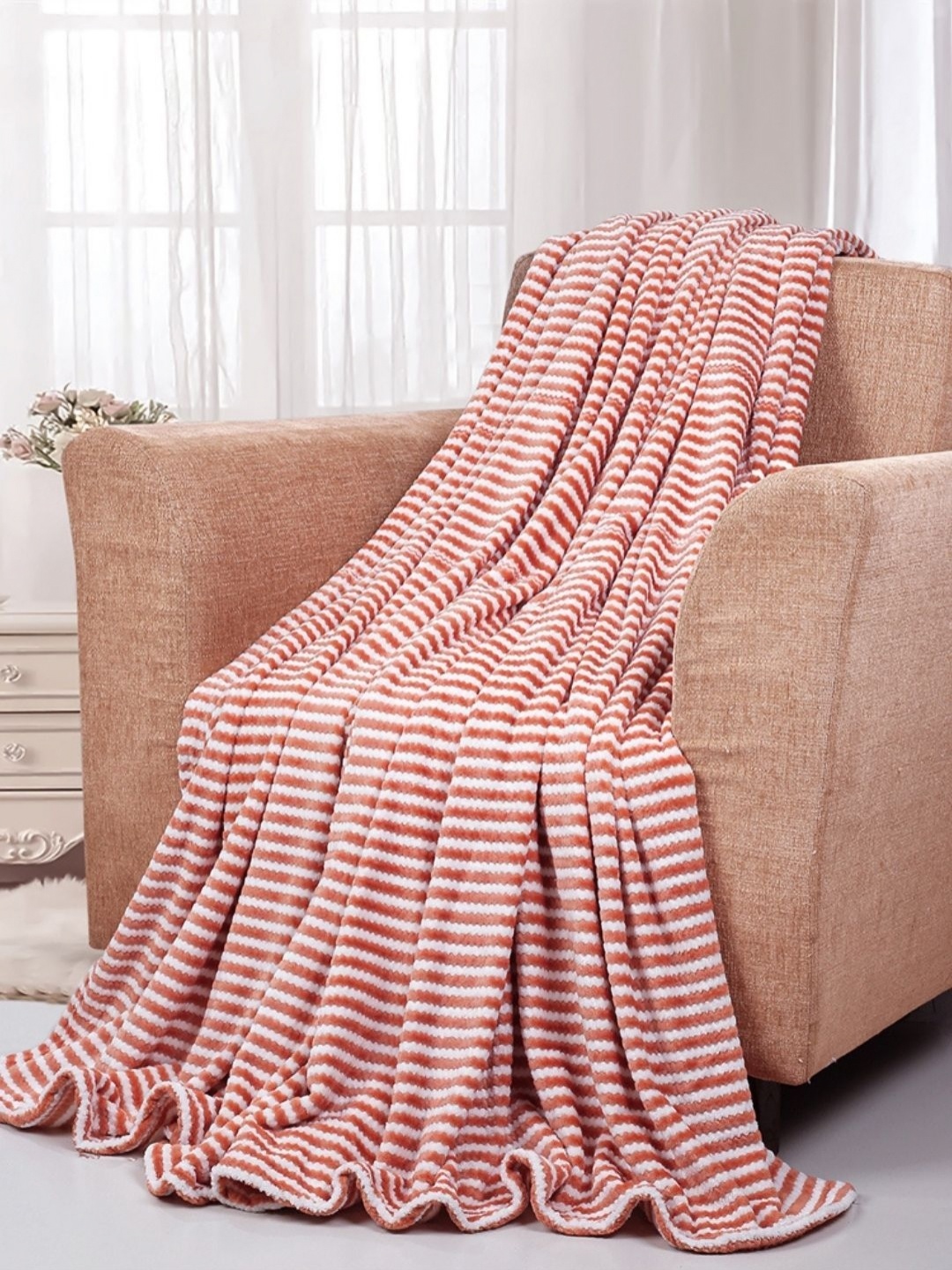 

VAS COLLECTIONS Brown & White Striped Fleece AC Room 300 GSM Single Bed Blanket