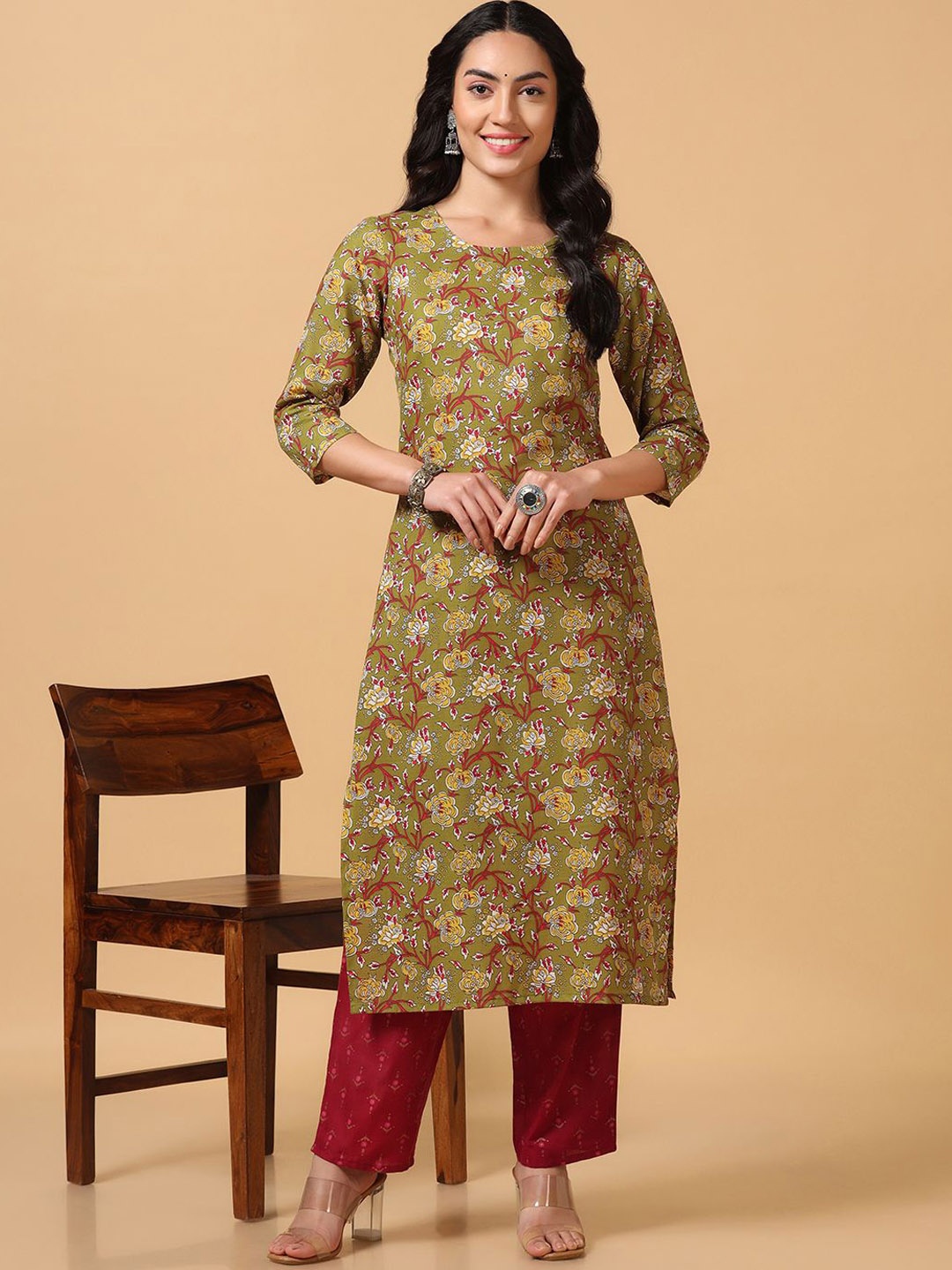 

Moda Rapido Floral Printed Straight Kurta With Trouser, Olive