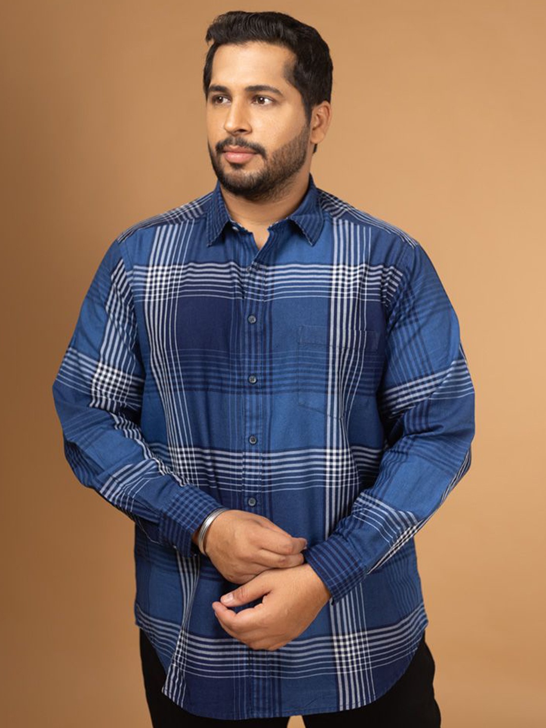 

Sizeupp Men Plus Size Standard Oversized Fit Tartan Checked Cotton Casual Shirt, Blue