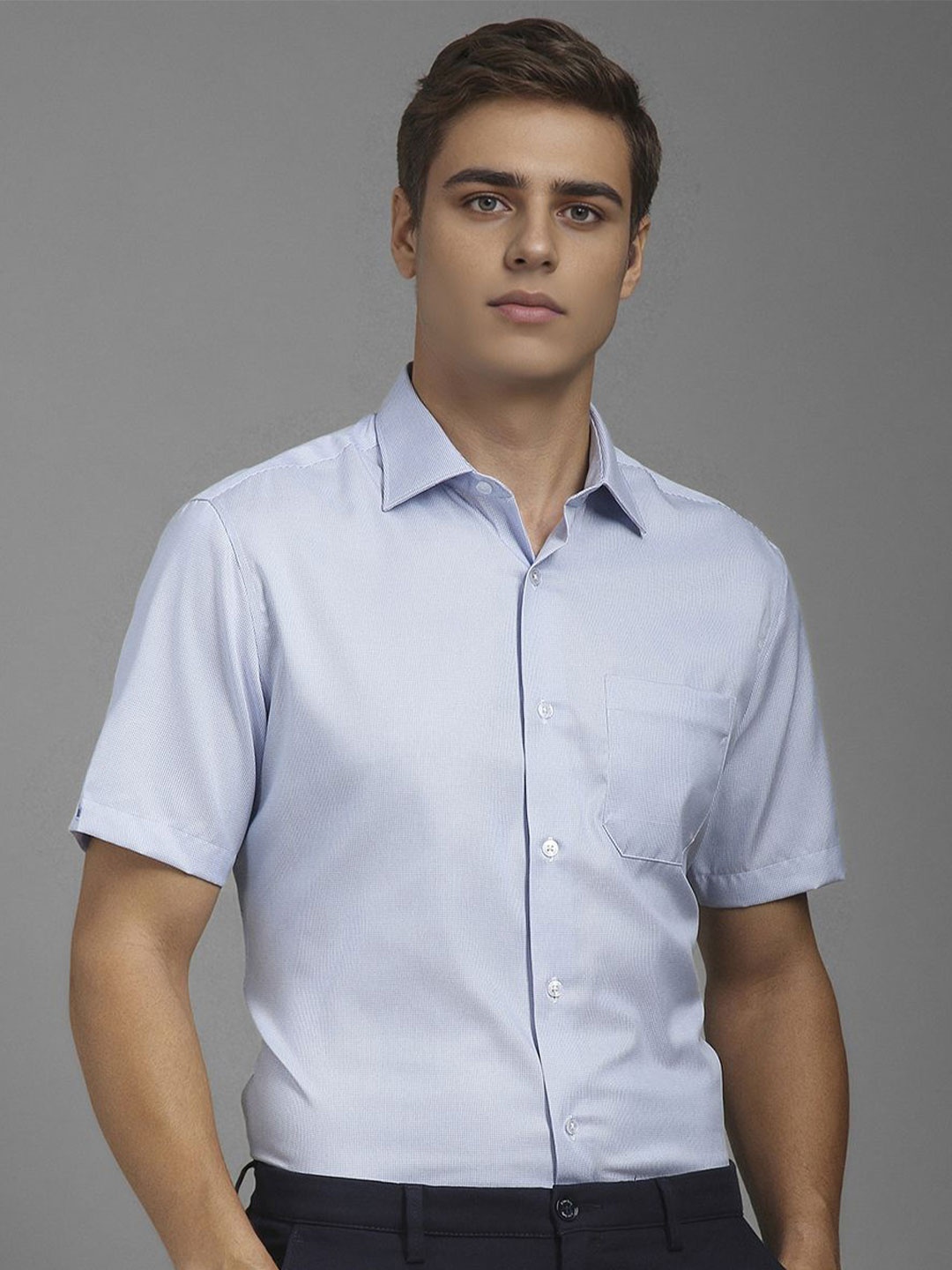 

Louis Philippe Men Classic Fit Spread Collar Textured Cotton Casual Shirt, Blue