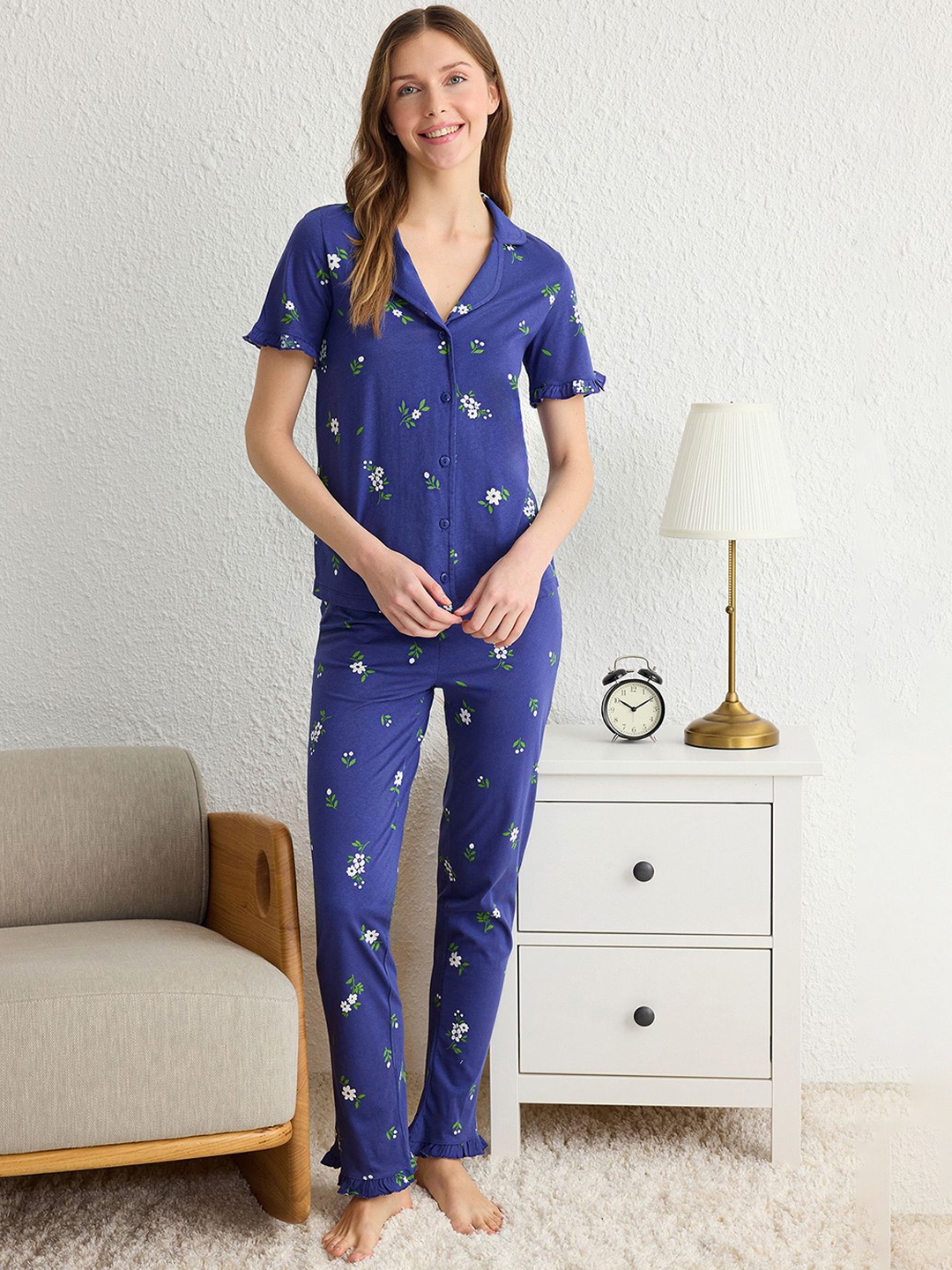 

Trendyol Women Printed Night suit, Blue