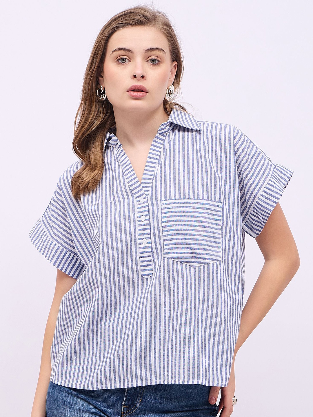 

Styli Women Relaxed Fit Spread Collar Vertical Striped Casual Shirt, Blue