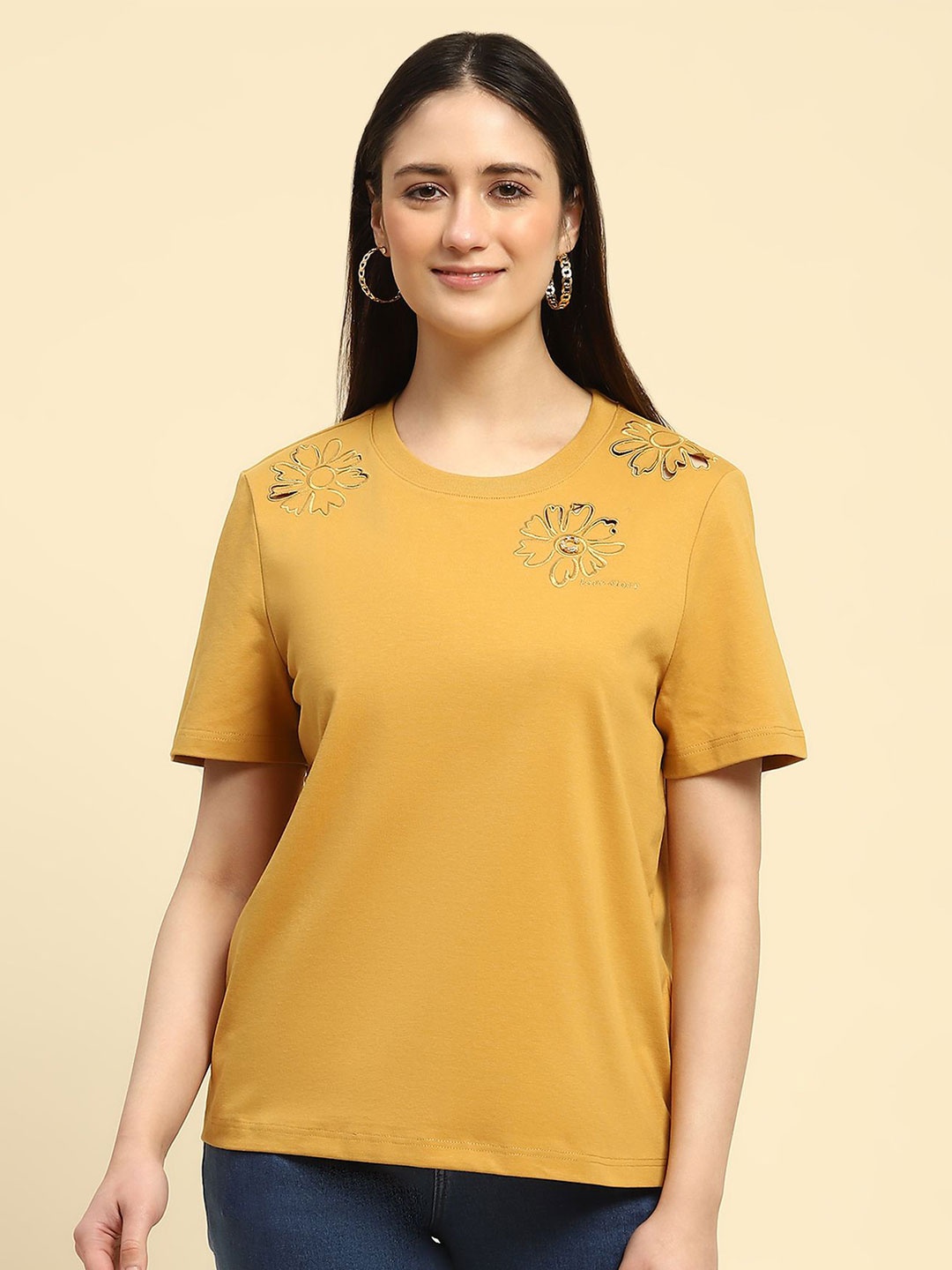 

Global Republic Embellished Embroidered Cotton Crop Top, Mustard