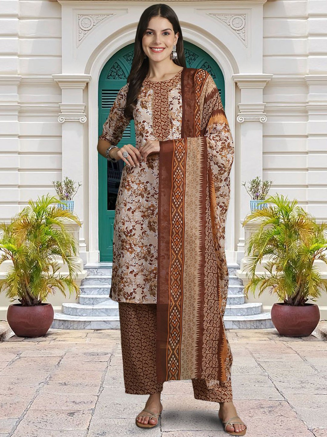 

Moda Rapido Floral Printed Round Neck Straight Kurta With Trouser And Dupatta, Beige
