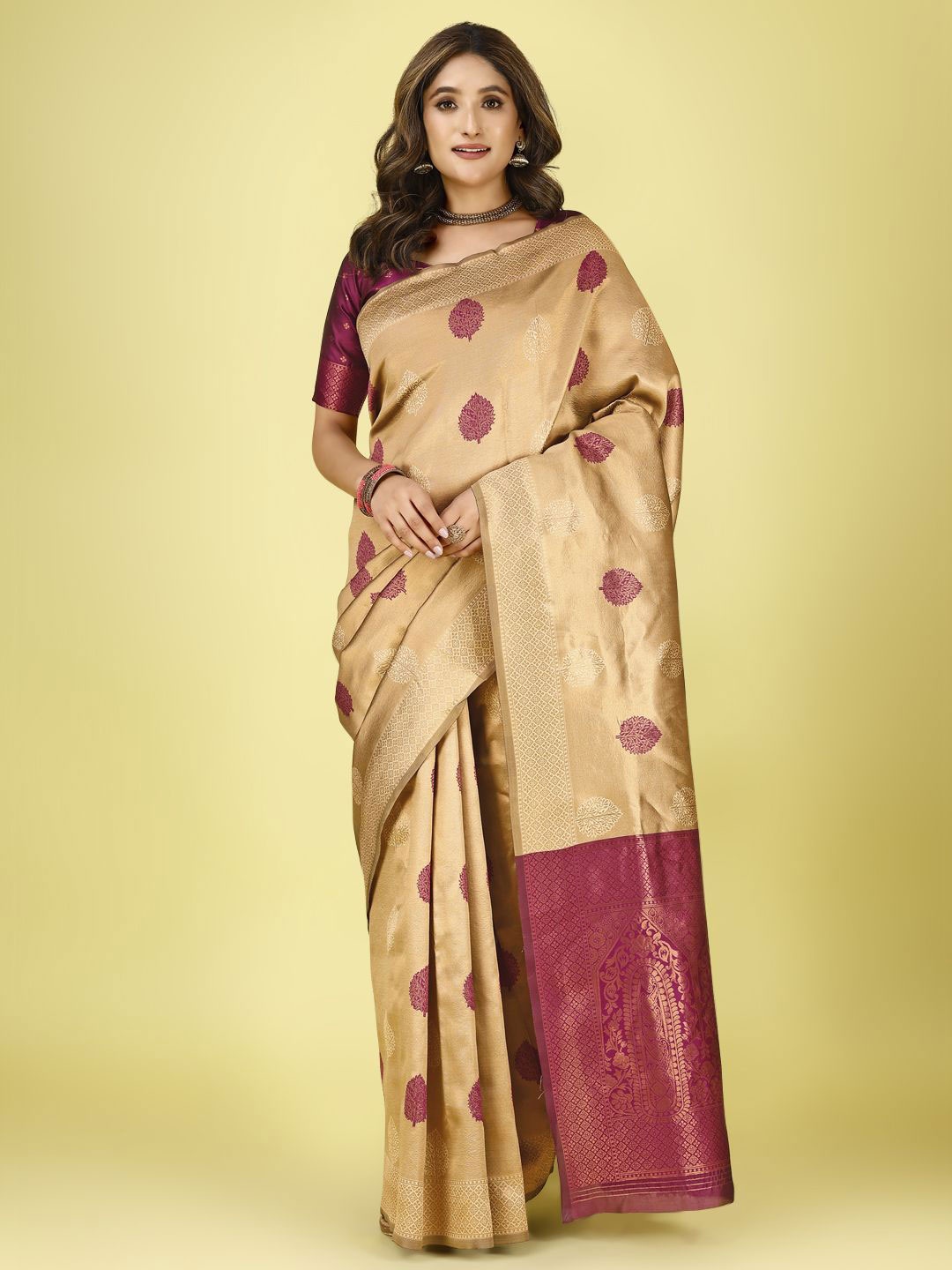 

F FASHION Floral Woven Design Zari Banarasi Saree, Beige