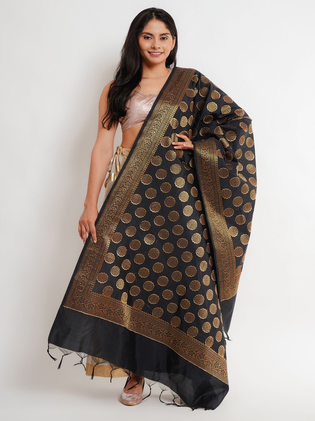 

Karthav Fashion Floral Woven Design Banarasi Silk Dupatta With Zari, Black