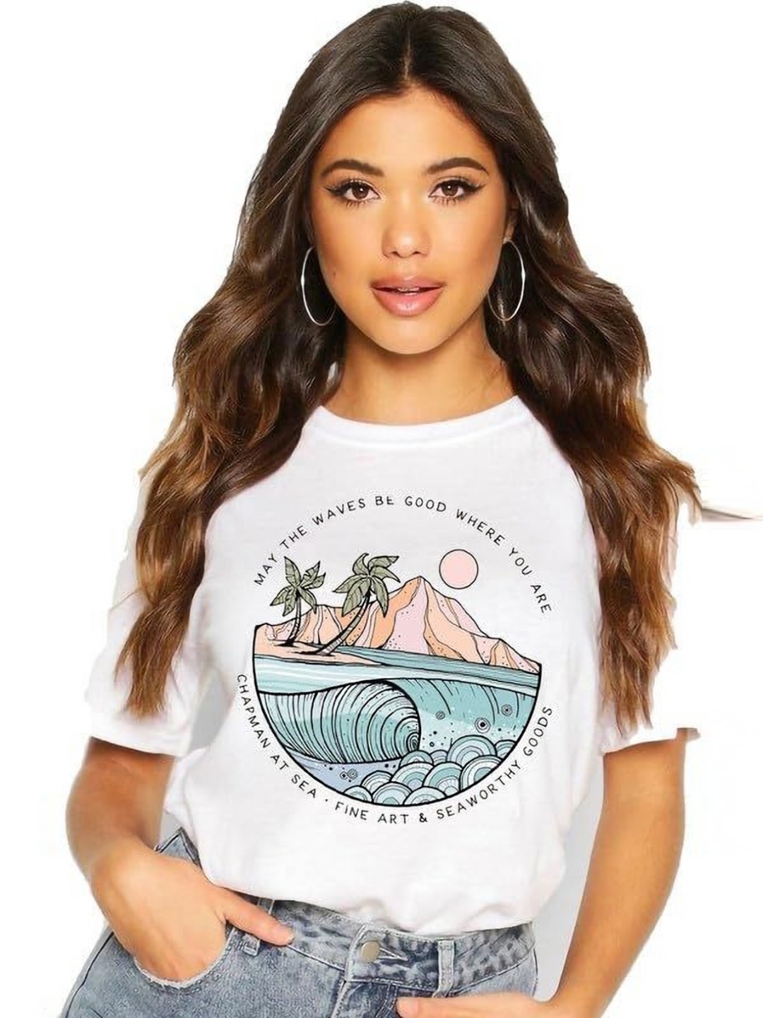 

VLAM Women Printed Extended Sleeves Raw Edge T-shirt, White