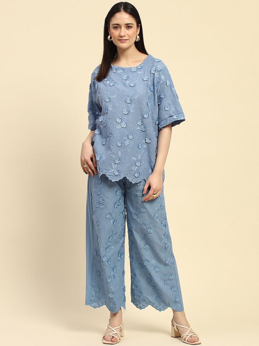 

Global Republic 3D Floral Embroidered Pure Cotton Top & Trouser Co-Ord Set, Blue