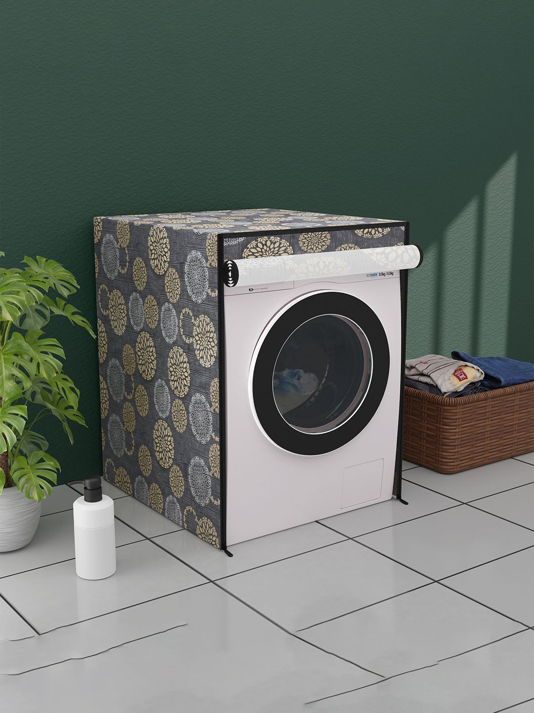 

Kuber Industries Black & White Printed Dustproof Front Load Washing Machine Cover