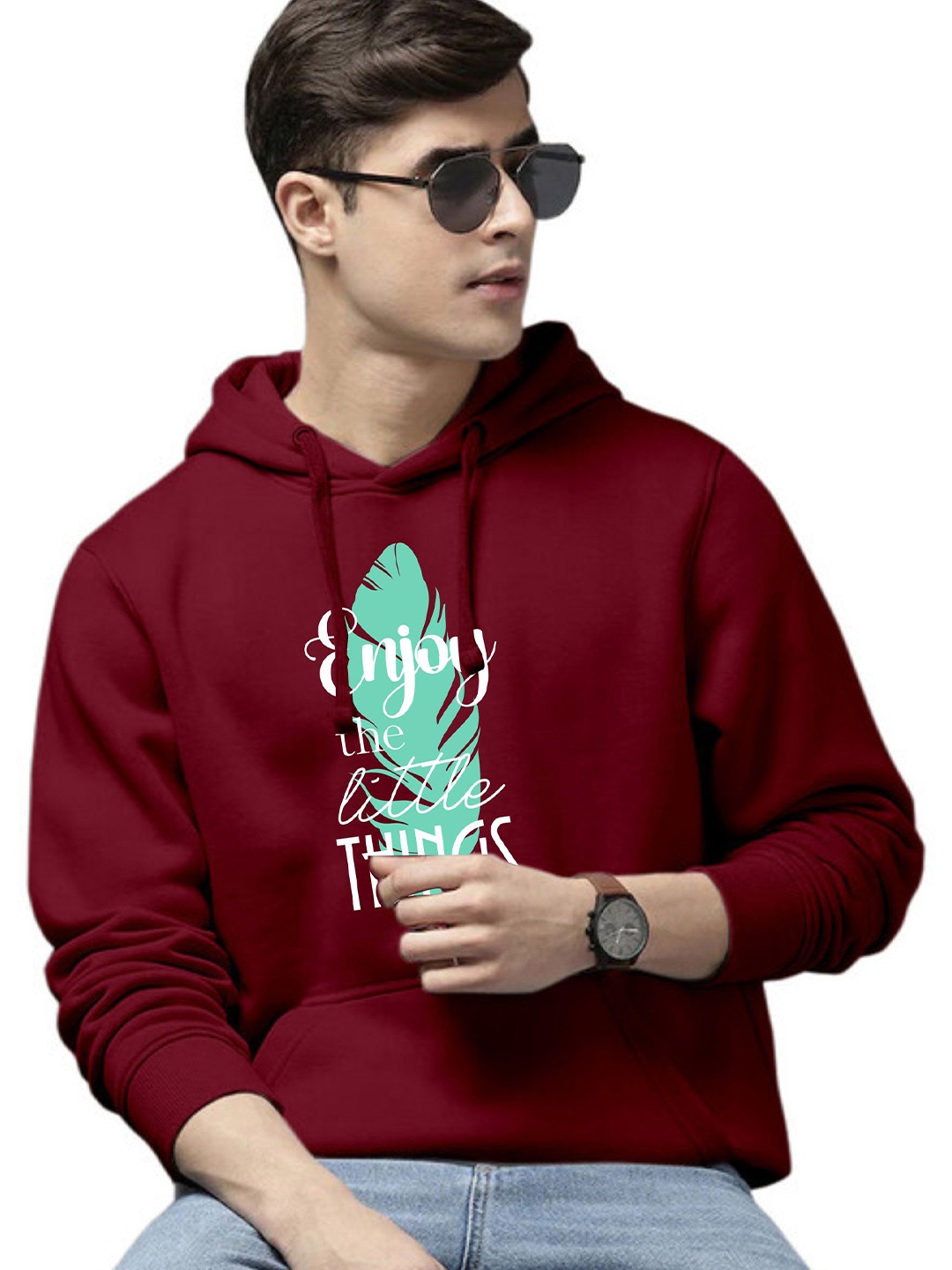 

WOOSTRO Men Printed Hooded Sweatshirt, Maroon