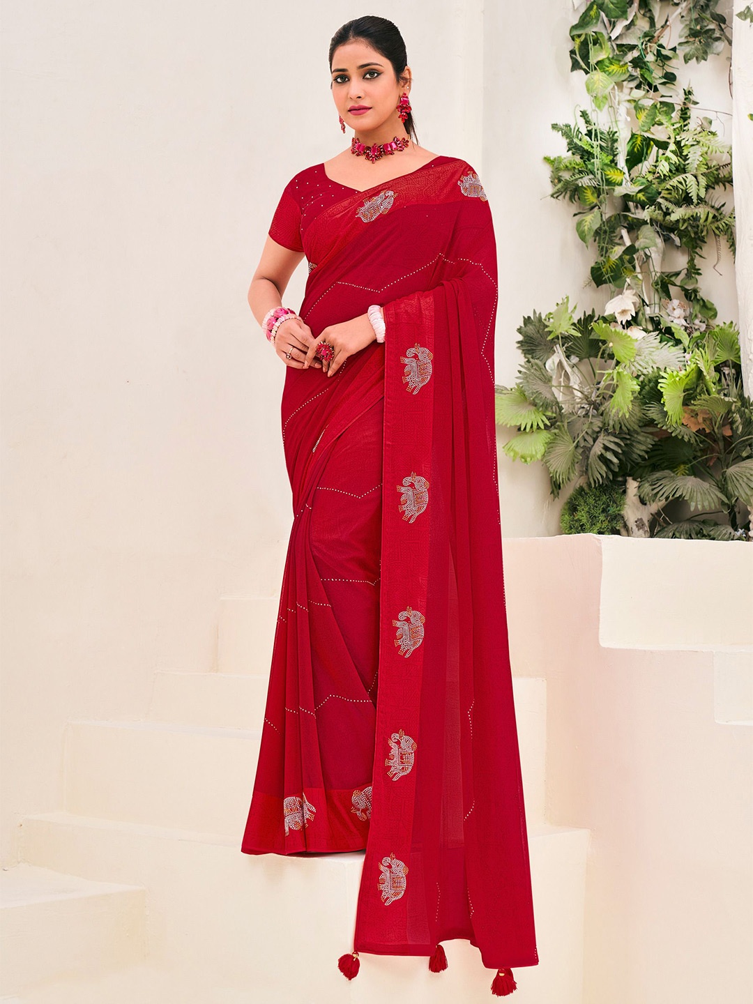 

Laxmipati Embellished Embroidered Satin Saree, Red