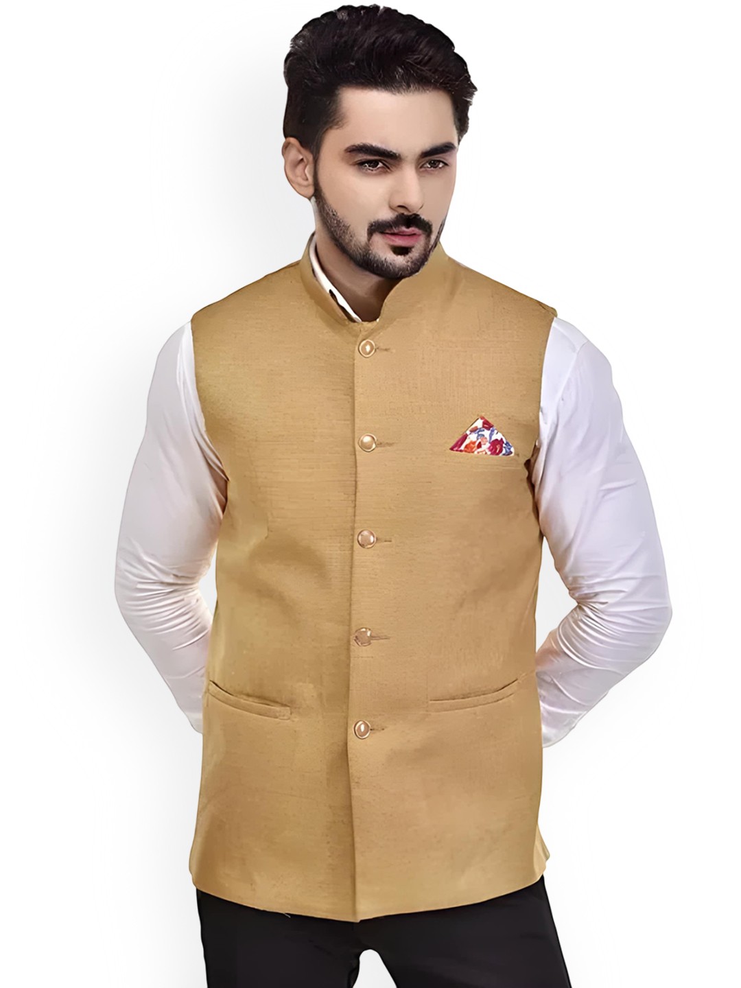 

Eliq Jute Cotton Mandarin Collar Nehru Jacket, Gold