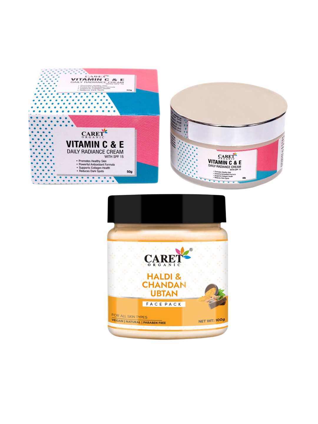 

CARET ORGANIC Set Of 2 Vitamin C, E Daily Cream- 50 g & Chandan Ubtan Face Pack- 100 g, White