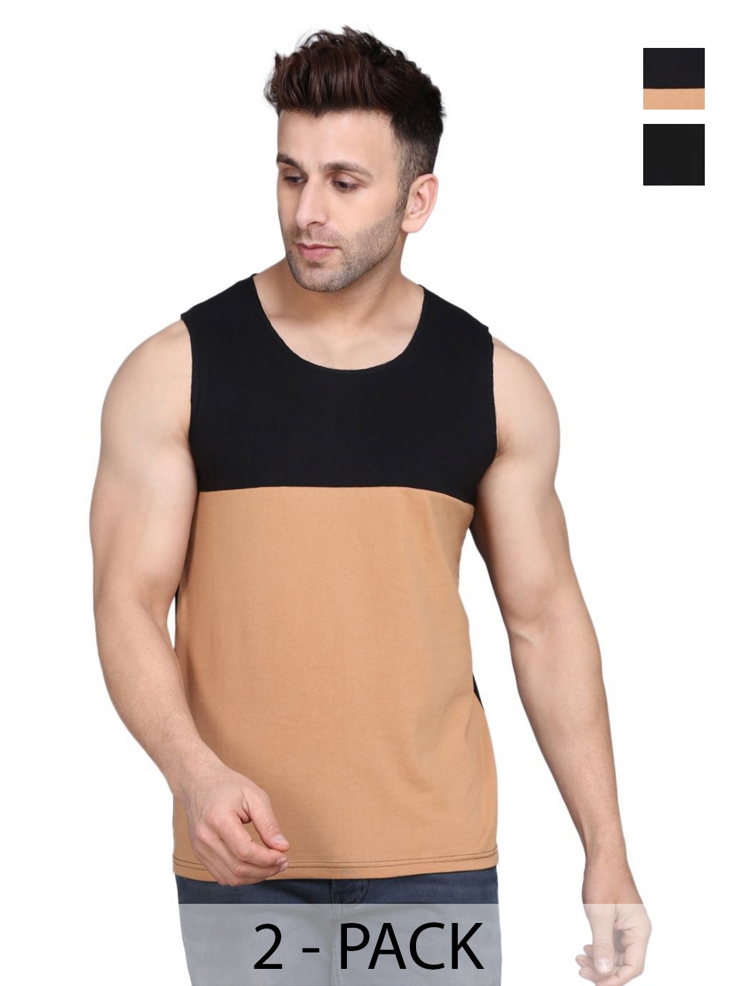 

WOOSTRO Men Pack Of 2 Solid Round Neck Cotton Slim Fit T-shirts, Beige