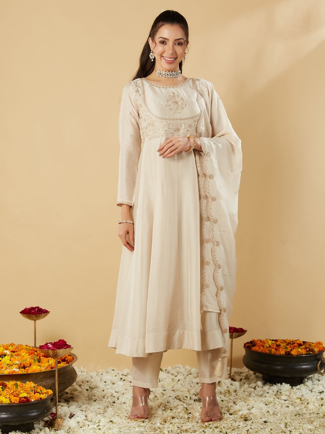 

MOKOSH Floral Embroidered Round Neck Sequinned Anarkali Kurta with Trousers & Dupatta, Cream
