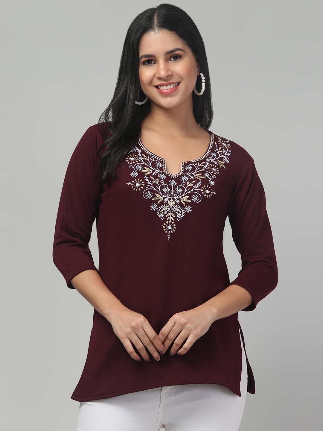 

FAMBEE Women Embroidered Thread Work Woollen Kurta, Coffee brown