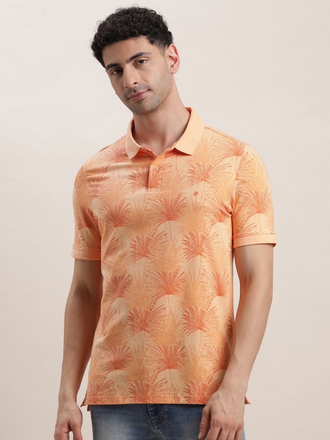 

Turtle Men Floral Printed Polo Collar Oversized T-shirt, Orange