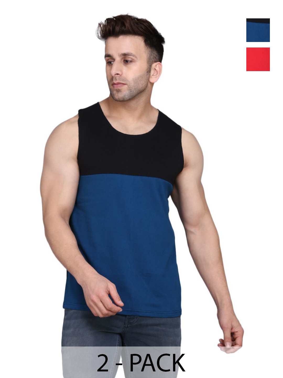 

WOOSTRO Men Pack Of 2 Colourblocked Round Neck Cotton Slim Fit T-shirts, Blue