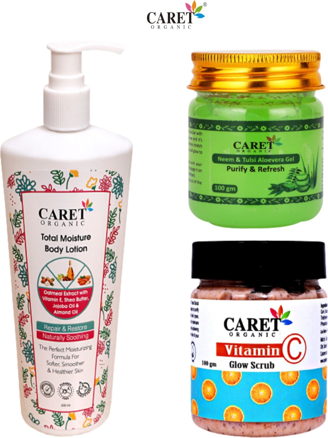 

CARET ORGANIC Set Of 3 Contain Body Lotion - 200 ml, Aloevera Gel & Glow Scrub - 100 Each, Off white