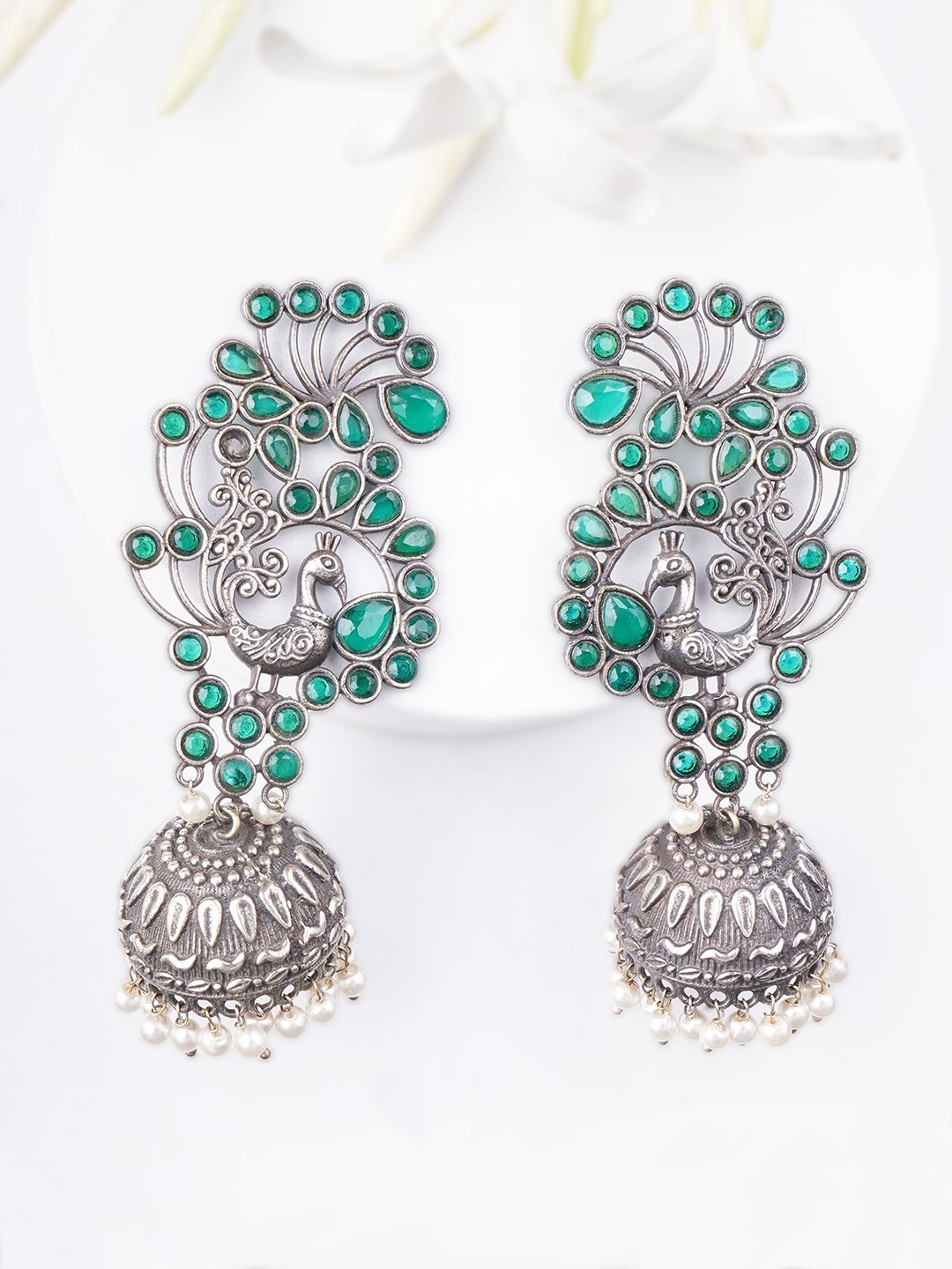 

Adwitiya Collection Silver Plated Artificial Stones Studded Peacock Shaped Jhumkas