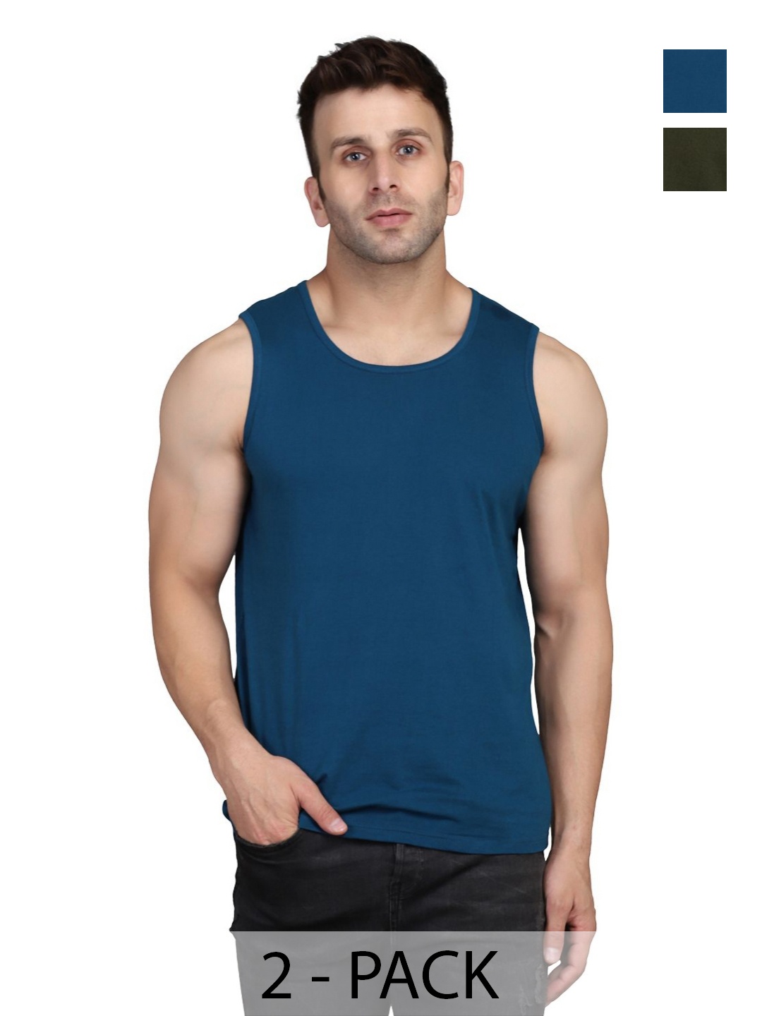 

WOOSTRO Men Pack Of 2 Solid Round Neck Cotton Slim Fit T-shirts, Olive