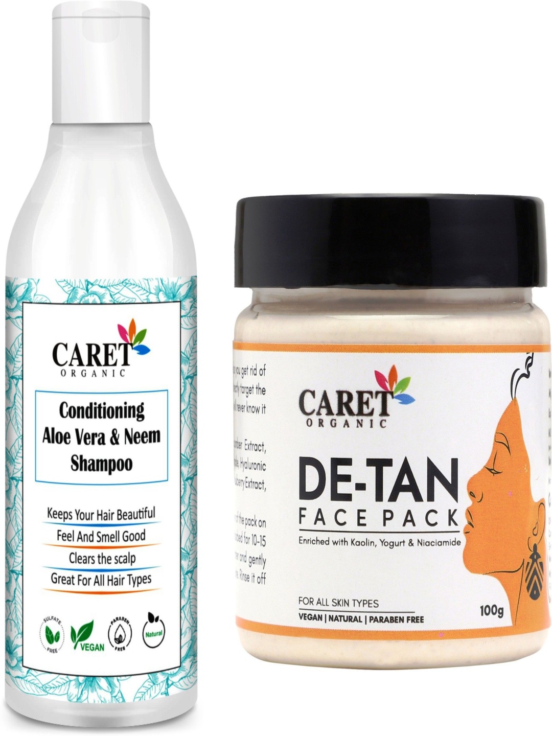 

CARET ORGANIC Set Of 2 Conditioning Aloevera Neem Shampoo & De-Tan Face Pack, Beige