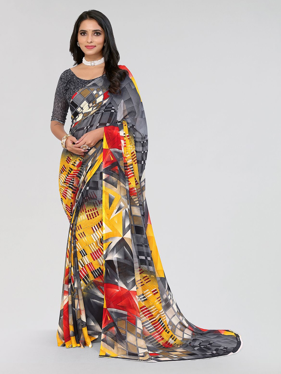 

Moda Rapido Printed Saree With Blouse Piece, Grey