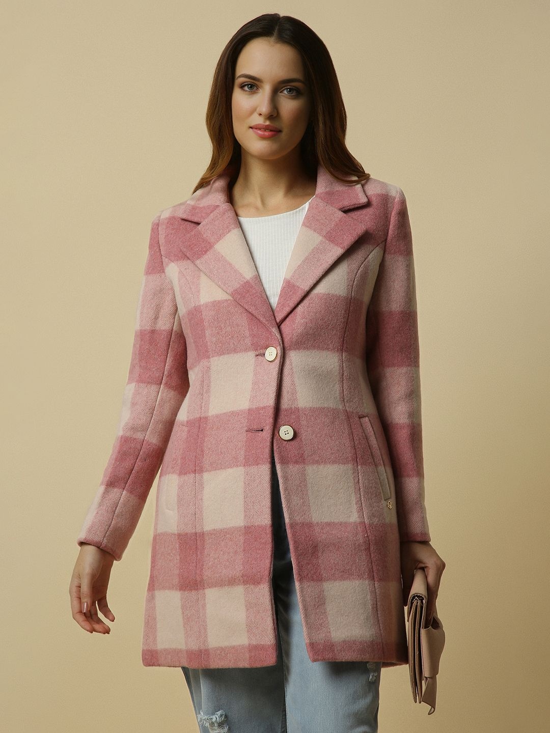

Allen Solly Woman Lapel Collar Checked Casual Tailored Jacket, Pink