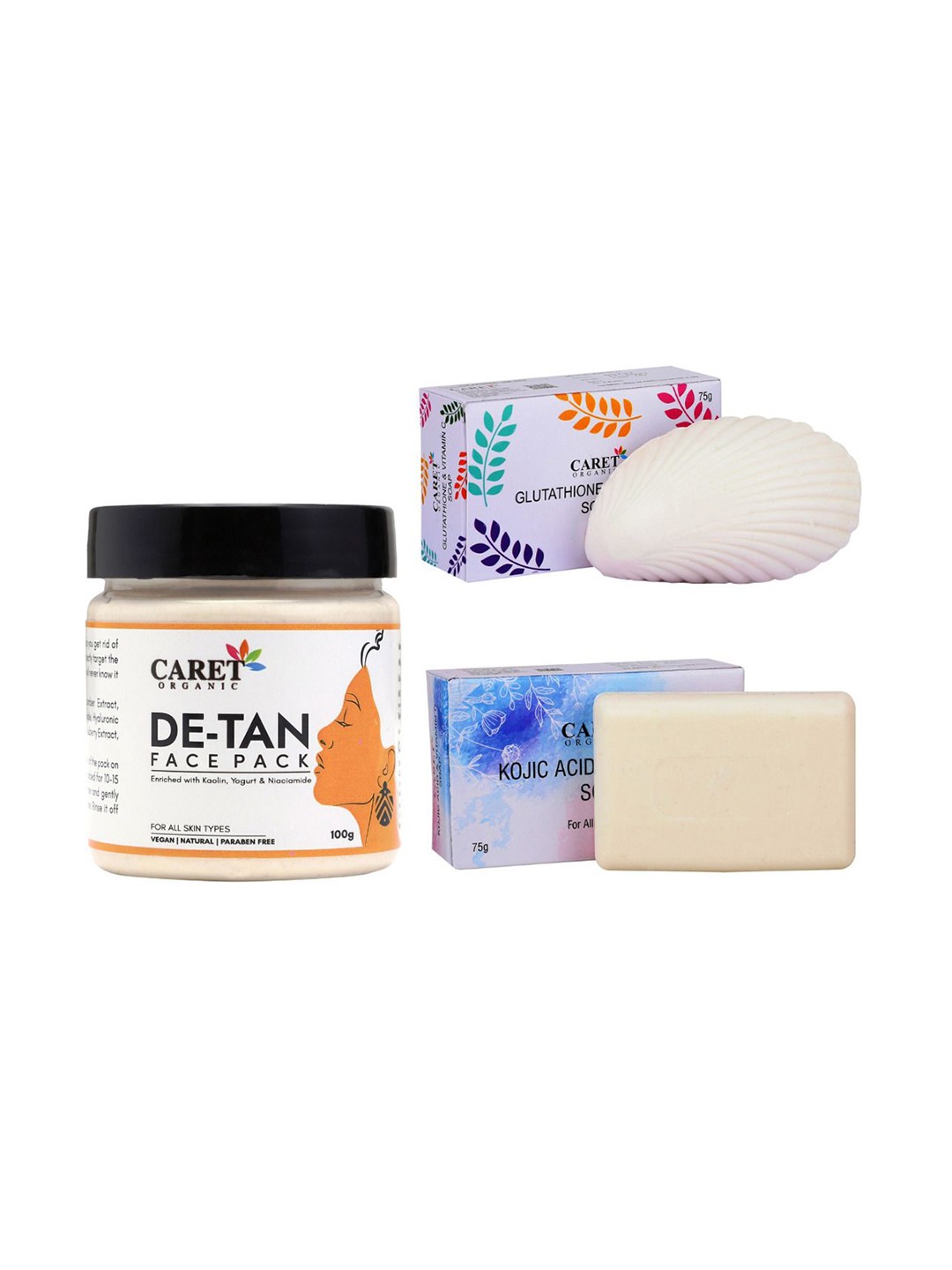 

CARET ORGANIC Set Of 3 De-Tan Face Pack & Glutathione & Vitamin C Soap & Kojic Acid Soap, Beige