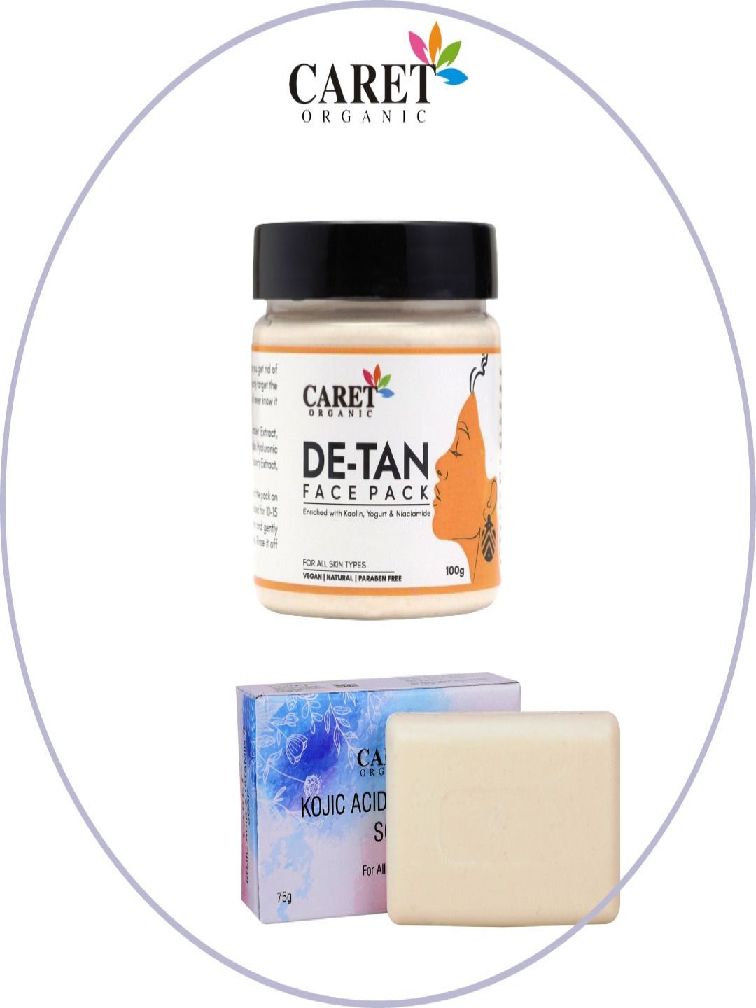

CARET ORGANIC Set Of 2 De-Tan Face Pack- 100 g With Kojic Acid Soap - 75 g, White