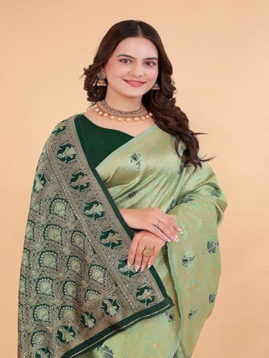 

Suratwala Suratwala Ethnic Motifs Printed Woven Design Zari Jacquard Saree, Olive