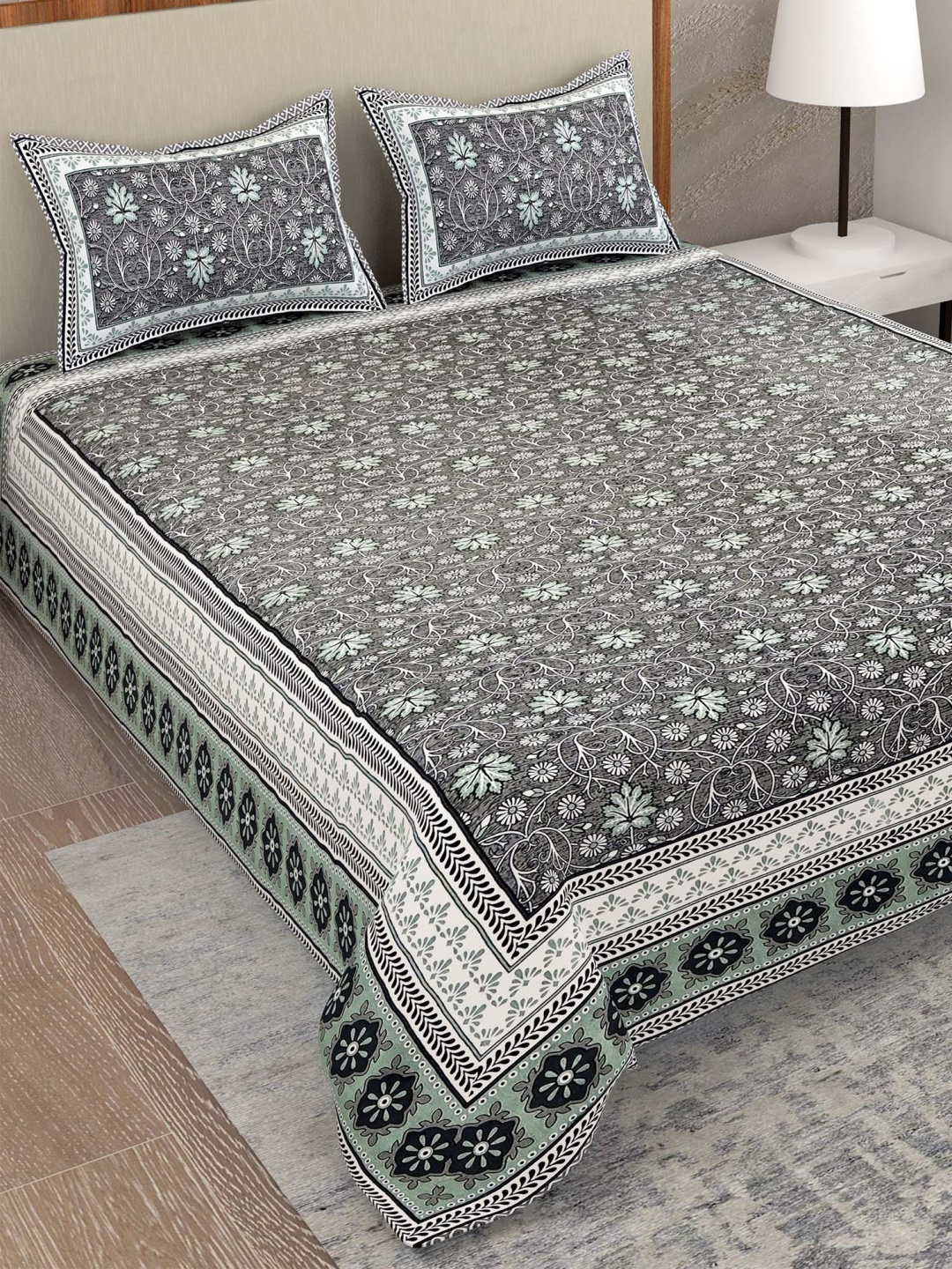 

Adwitiya Grey & White Floral 300 TC King Bedsheet with 2 Pillow Covers