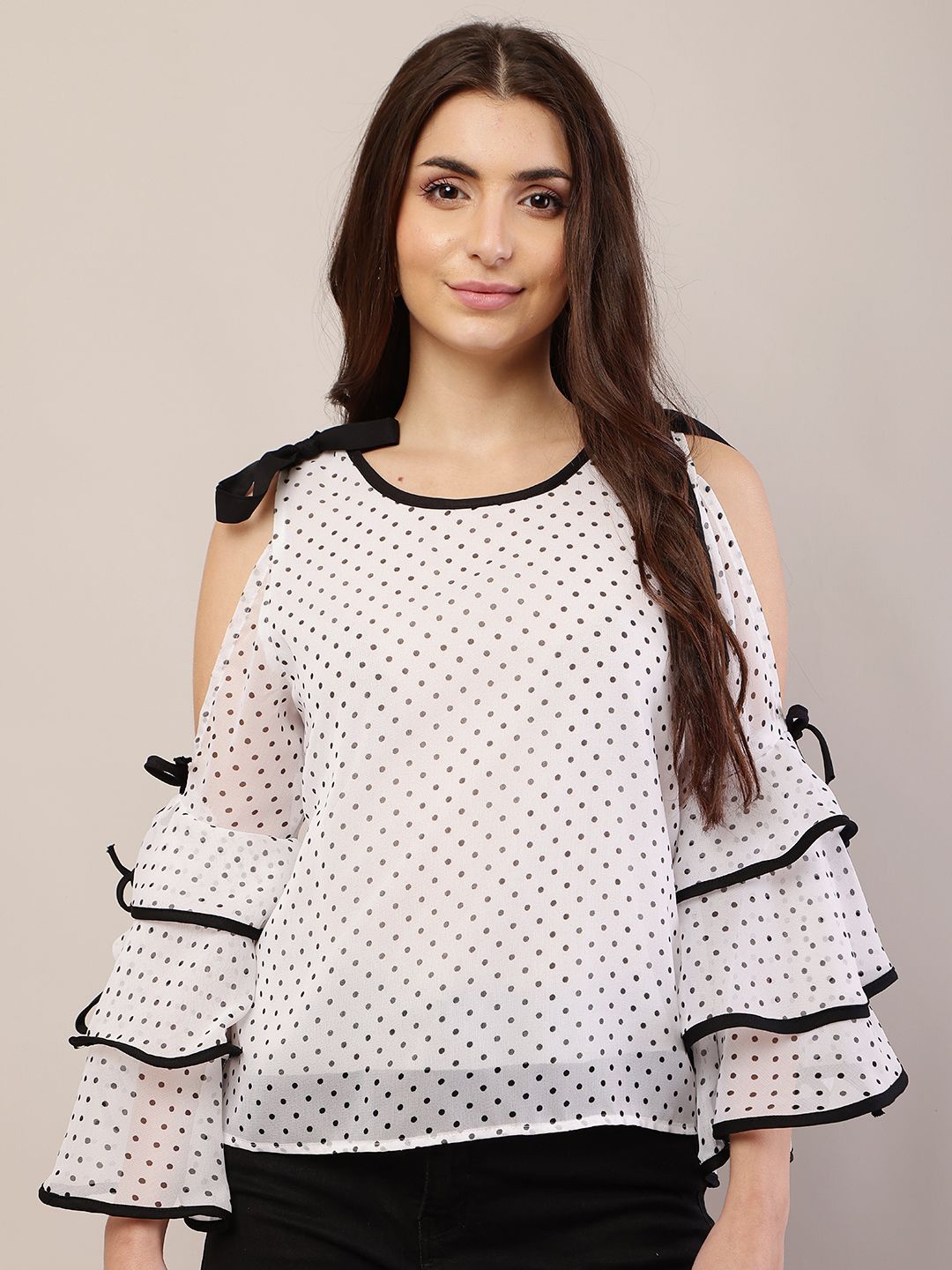 

Raabta Fashion Polka Dot Print Cold-Shoulder Georgette Top, White