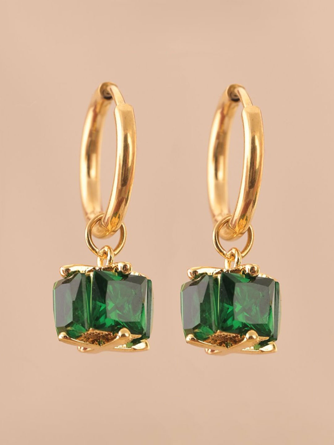 

PALMONAS 18k Gold Plated Emerald Studded Stainless Steel Drop Earrings