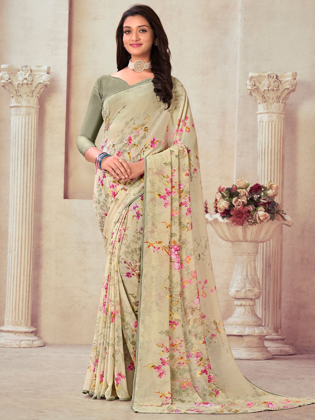 

Laxmipati Floral Printed Embroidered Saree, Green