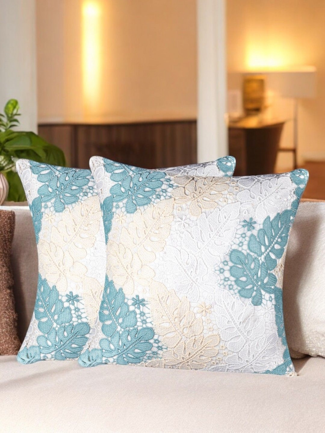 

Vendola Grey Melange & Blue Set of 2 Ethnic Motifs Velvet Square Cushion Covers