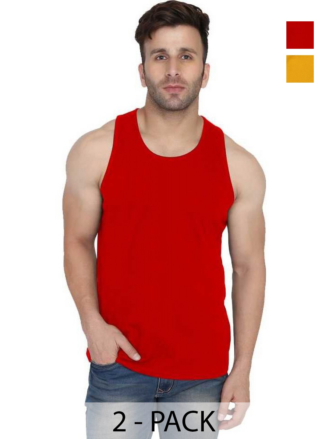 

WOOSTRO Men Pack Of 2 Solid Round Neck Cotton Slim Fit T-shirts, Mustard