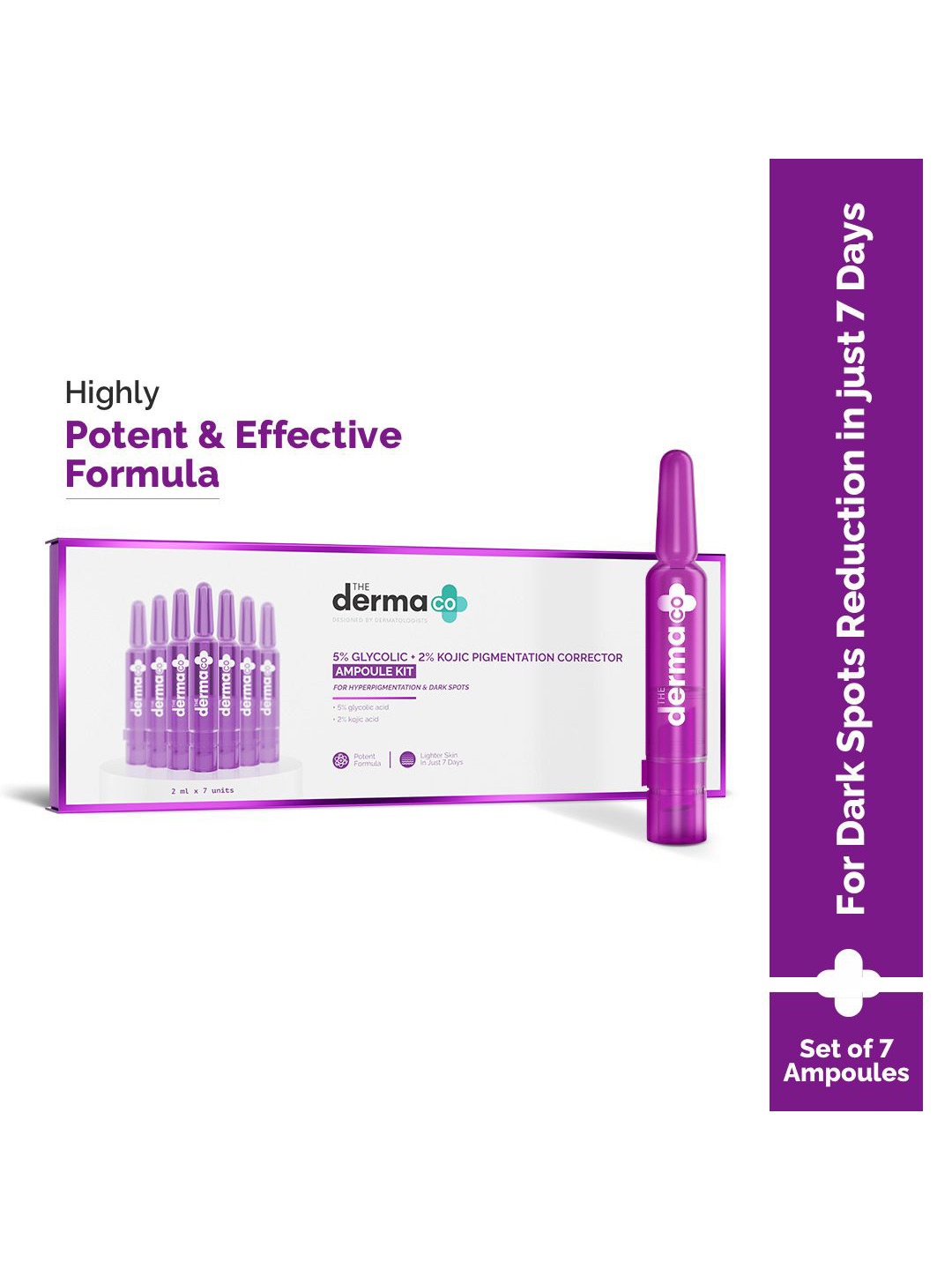 

The Derma Co. Set Of 7 5% Glycolic+2% Kojic Pigmentation Corrector Ampoule Kit - 2ml Each, Purple