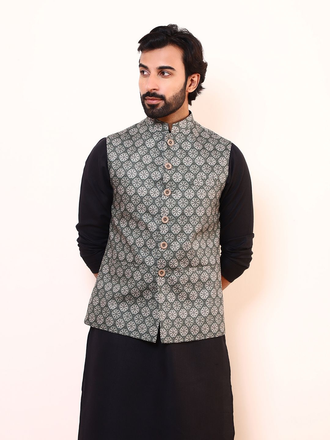 

Satwaa Ethnic Motifs Printed Nehru Jacket, Olive