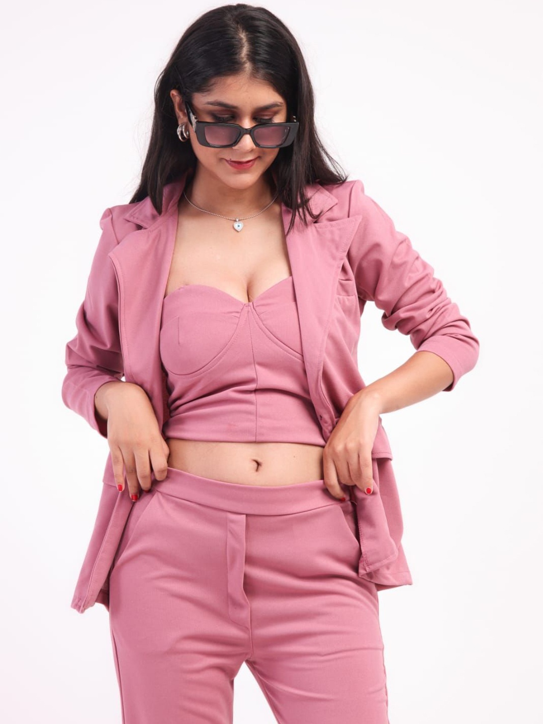

HIGH BUY Strapless Top With Trousers And Blazer, Pink