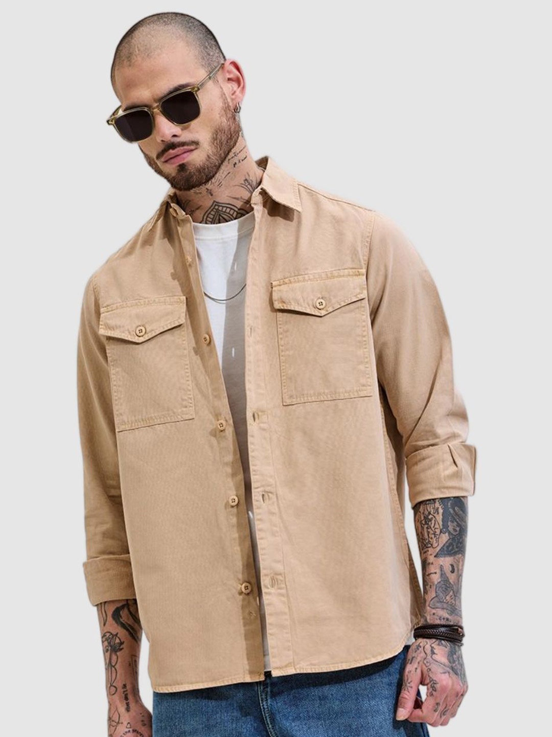 

Snitch Men Relaxed Boxy Fit Spread Collar Solid Cotton Casual Shirt, Beige