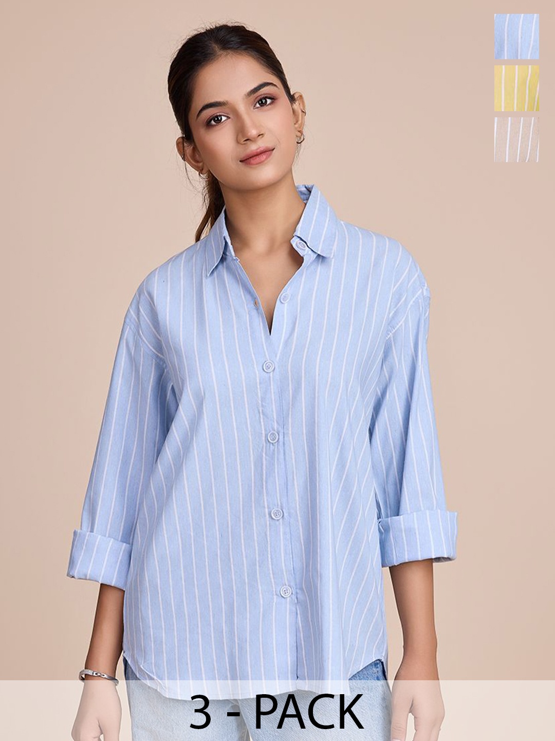 

HOUSE OF MIRA Women Pack Of 3 Classic Oversized Fit Vertical Striped Cotton Casual Shirts, Blue