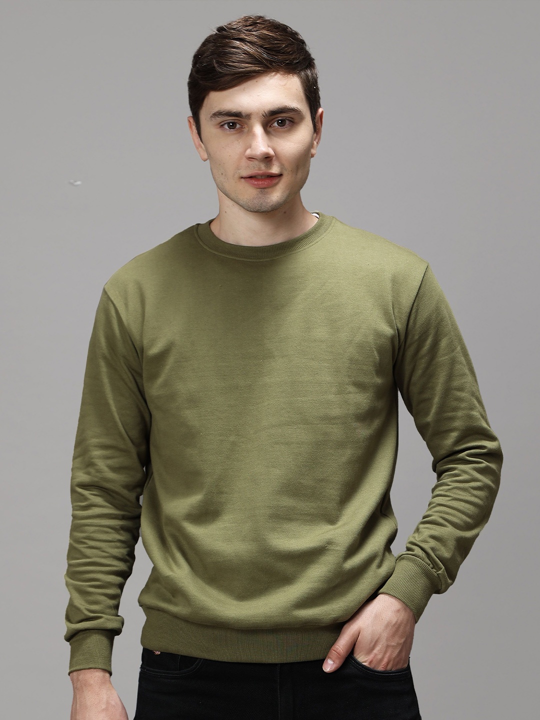 

GREEN AGE Men Round Neck Organic Cotton Sweatshirt, Olive