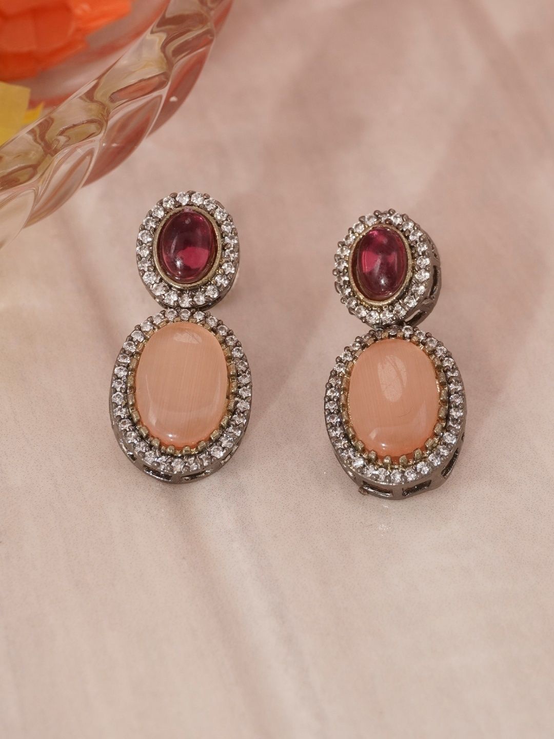

Niscka Silver-Plated Zircon Stone Studded Teardrop Shaped Drop Earrings, Peach