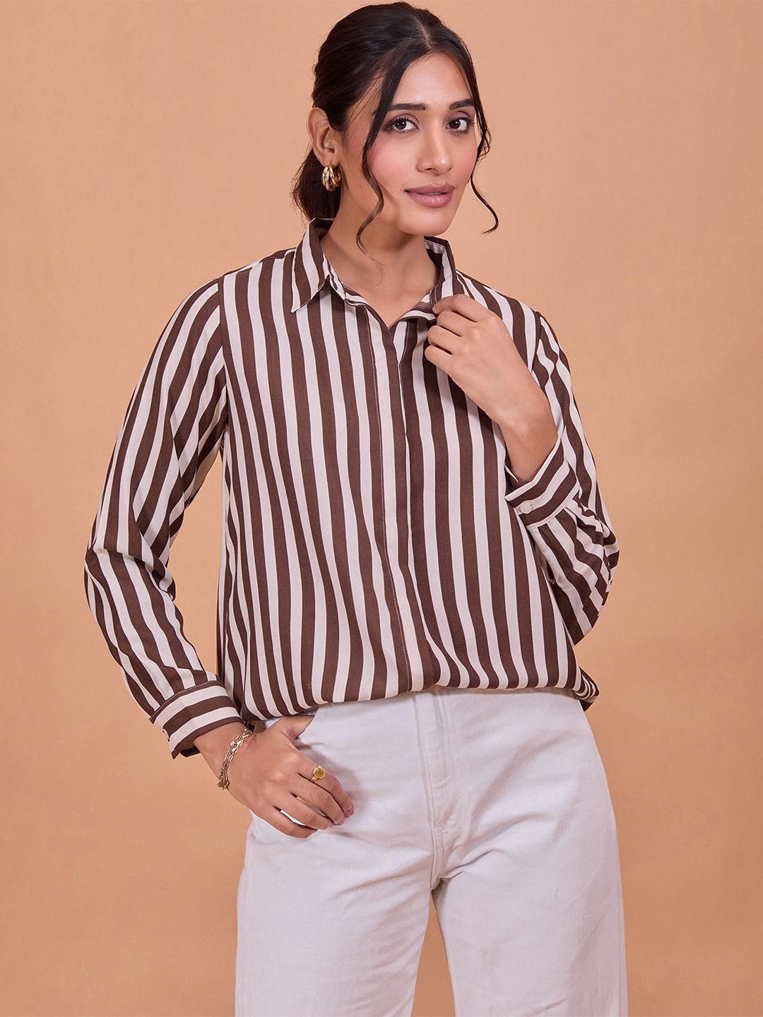 

Fashfun Women Relaxed Fit Spread Collar Vertical Striped Casual Shirt, Brown